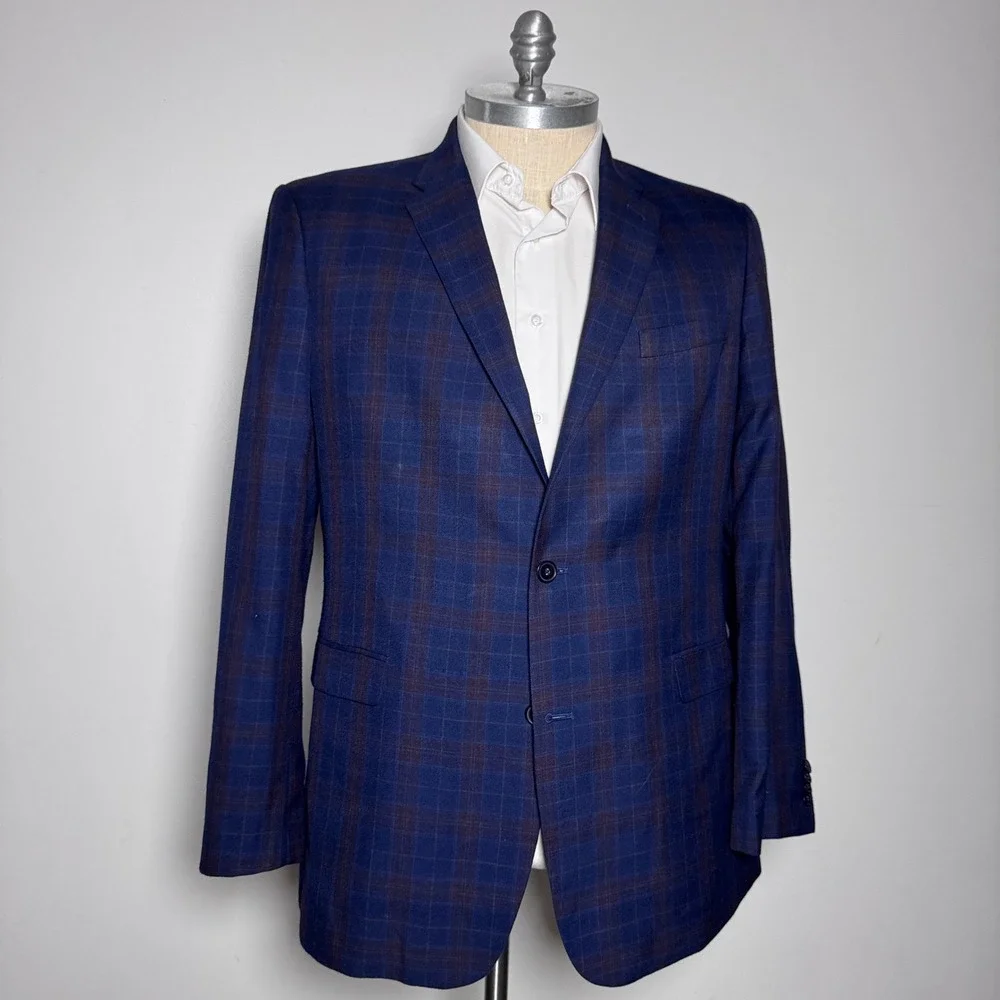 Tommy Hilfiger Sport Coat Mens 46L Blue Plaid Ethan Two Button Blazer
